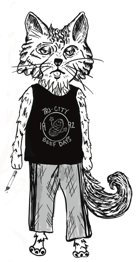 Black and white digital illustration of a stoner cat standing on two legs like a person. He's wearing a t-shirt for Tri-City-Beef Days 1992, and wide-leg joggers. He is holding a cigarette and looks hungover.