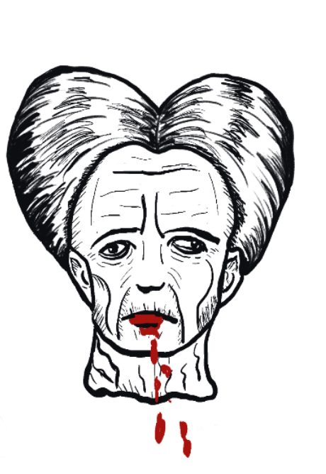 Black and white digital illustration of Dracula from Bram Stoker's Dracula. He's got a wonky eye, big poofy hair, and blood dripping from his lips.