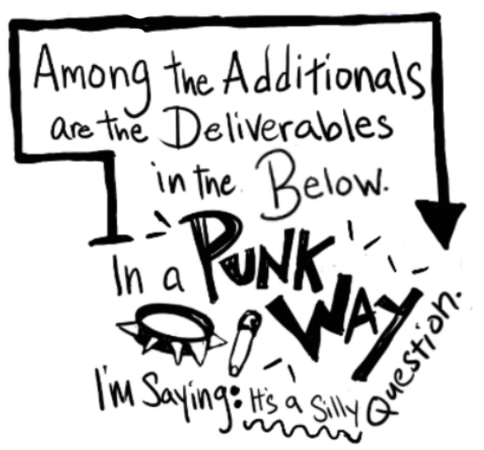 Digital handwritten text that reads "among the additionals are the deliverables in the below. In a punk way I'm saying: it's a silly question."